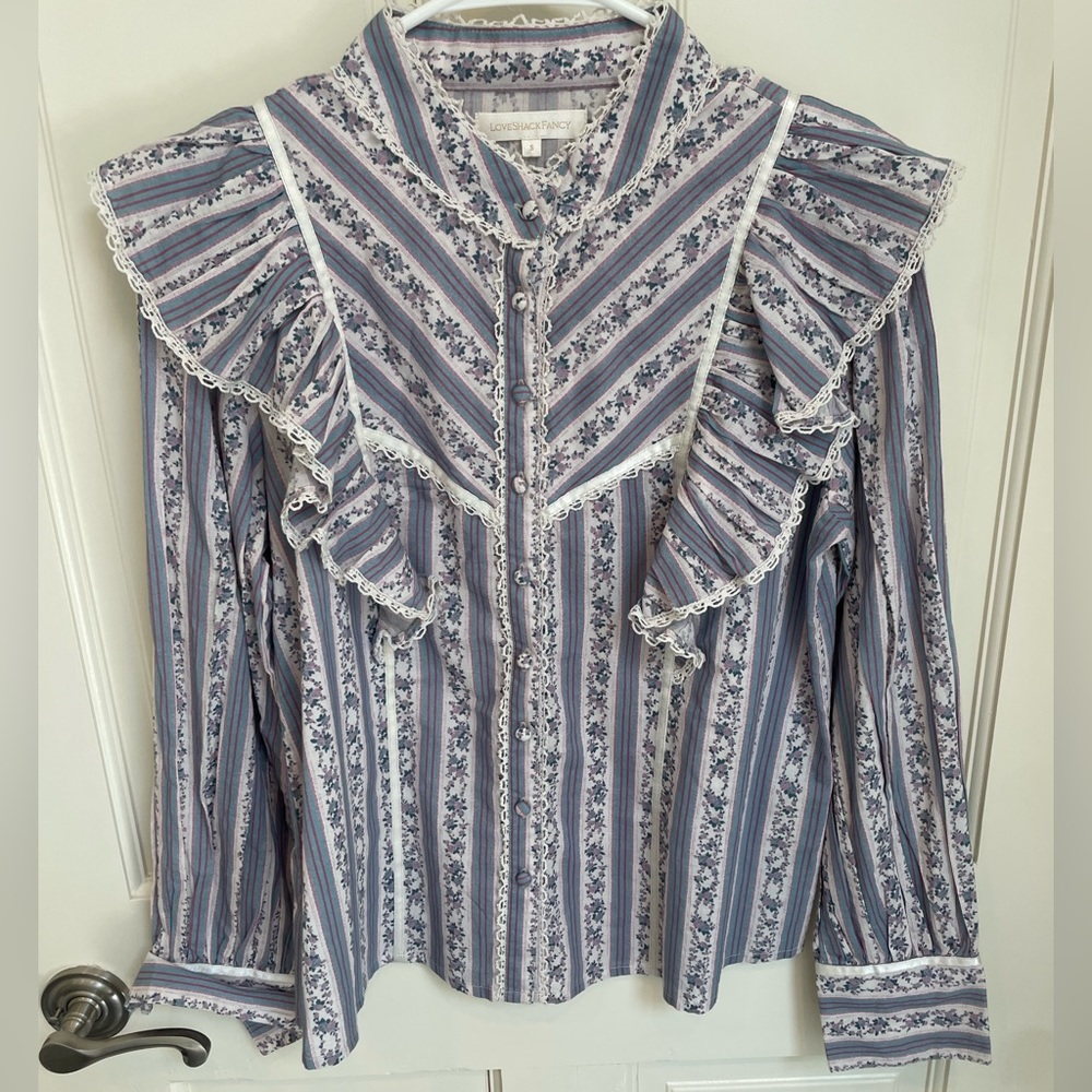 LoveShackFancy Victorian Purple Long-sleeve Blouse with Floral Design